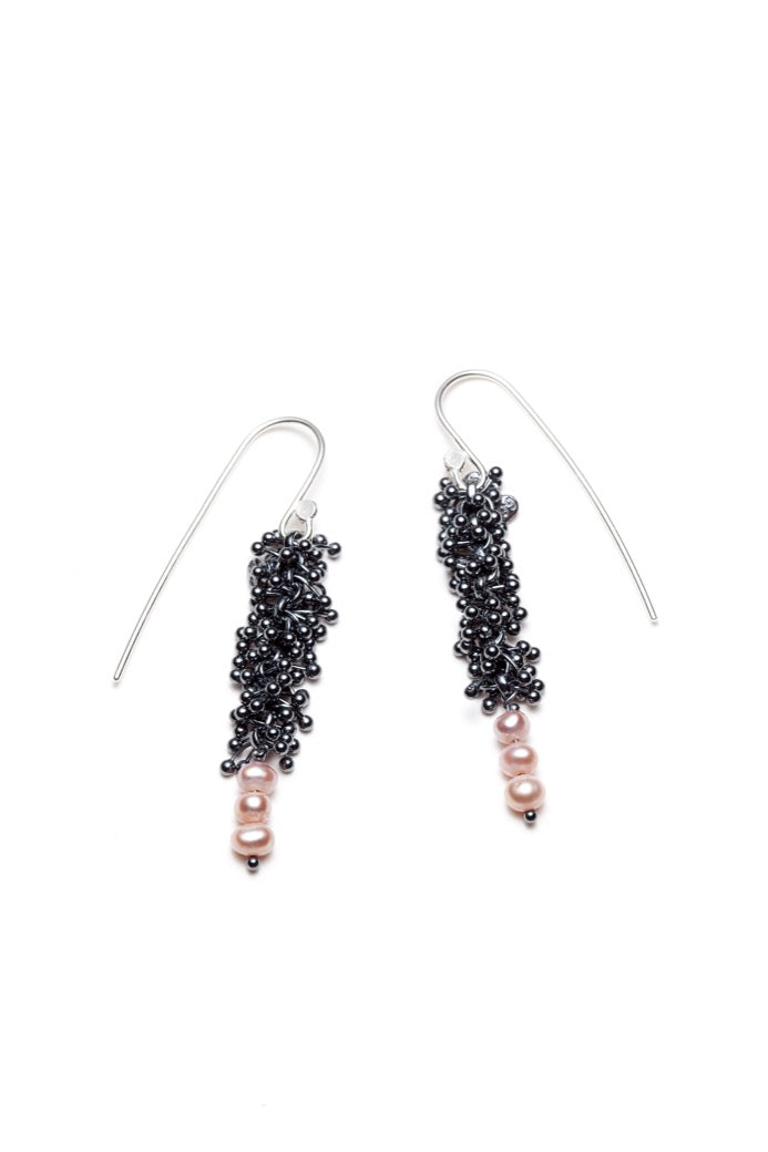 Ear hooks with pink pearls, oxidized finish
